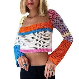 Sunloudy Long Sleeve Square Neck Festival Boho Fun Cottage Crochet Crop Top M